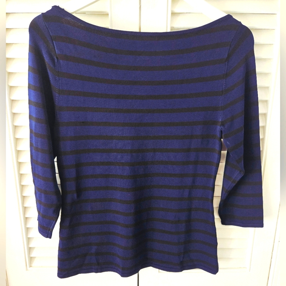White House Black Market Blue Black Striped Surplice Faux Wrap Top S - Picture 5 of 6